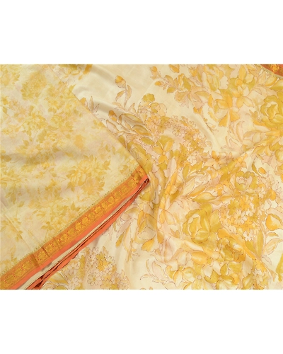 Sanskriti Vintage Sarees Ivory &amp; Yellow Zari Border Pure Silk Print Sari Fabric, PR-64584-Ivory &amp; Yellow-Pure Silk-4