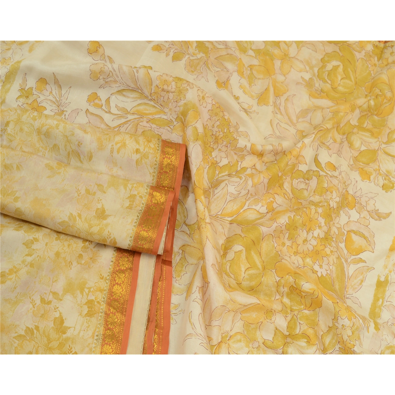 Sanskriti Vintage Sarees Ivory &amp; Yellow Zari Border Pure Silk Print Sari Fabric, PR-64584-Ivory &amp; Yellow-Pure Silk-5