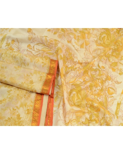 Sanskriti Vintage Sarees Ivory &amp; Yellow Zari Border Pure Silk Print Sari Fabric, PR-64584-Ivory &amp; Yellow-Pure Silk-5