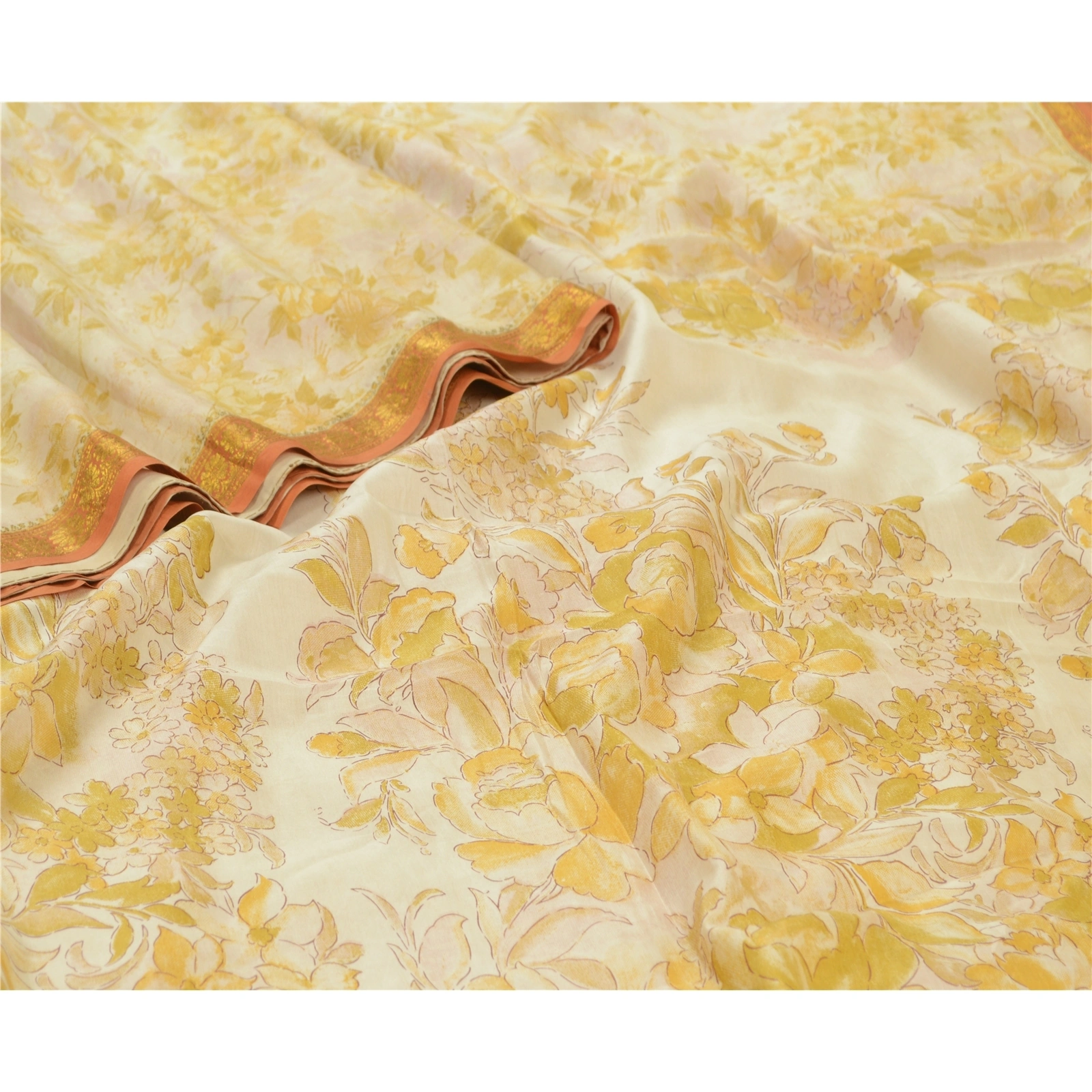 Sanskriti Vintage Sarees Ivory &amp; Yellow Zari Border Pure Silk Print Sari Fabric, PR-64584-Ivory &amp; Yellow-Pure Silk-6