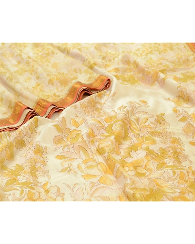 Sanskriti Vintage Sarees Ivory &amp; Yellow Zari Border Pure Silk Print Sari Fabric, PR-64584-Ivory &amp; Yellow-Pure Silk-6