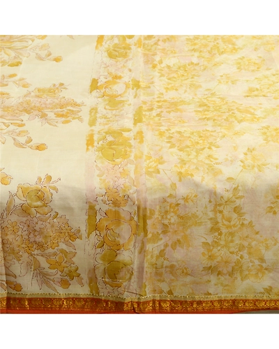 Sanskriti Vintage Sarees Ivory &amp; Yellow Zari Border Pure Silk Print Sari Fabric, PR-64584-Ivory &amp; Yellow-Pure Silk-7