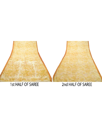 Sanskriti Vintage Sarees Ivory &amp; Yellow Zari Border Pure Silk Print Sari Fabric, PR-64584-Ivory &amp; Yellow-Pure Silk-8