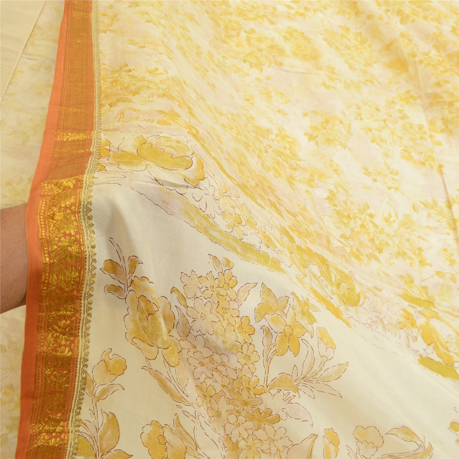 Sanskriti Vintage Sarees Ivory &amp; Yellow Zari Border Pure Silk Print Sari Fabric, PR-64584-Ivory &amp; Yellow-Pure Silk-9