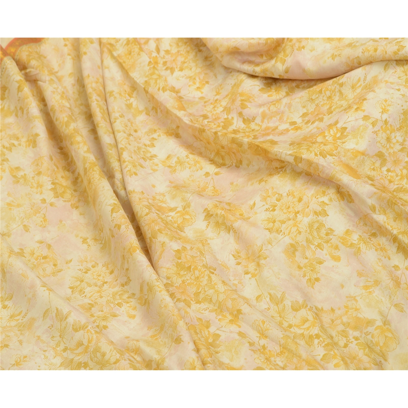 Sanskriti Vintage Sarees Ivory &amp; Yellow Zari Border Pure Silk Print Sari Fabric, PR-64584-Ivory &amp; Yellow-Pure Silk-10