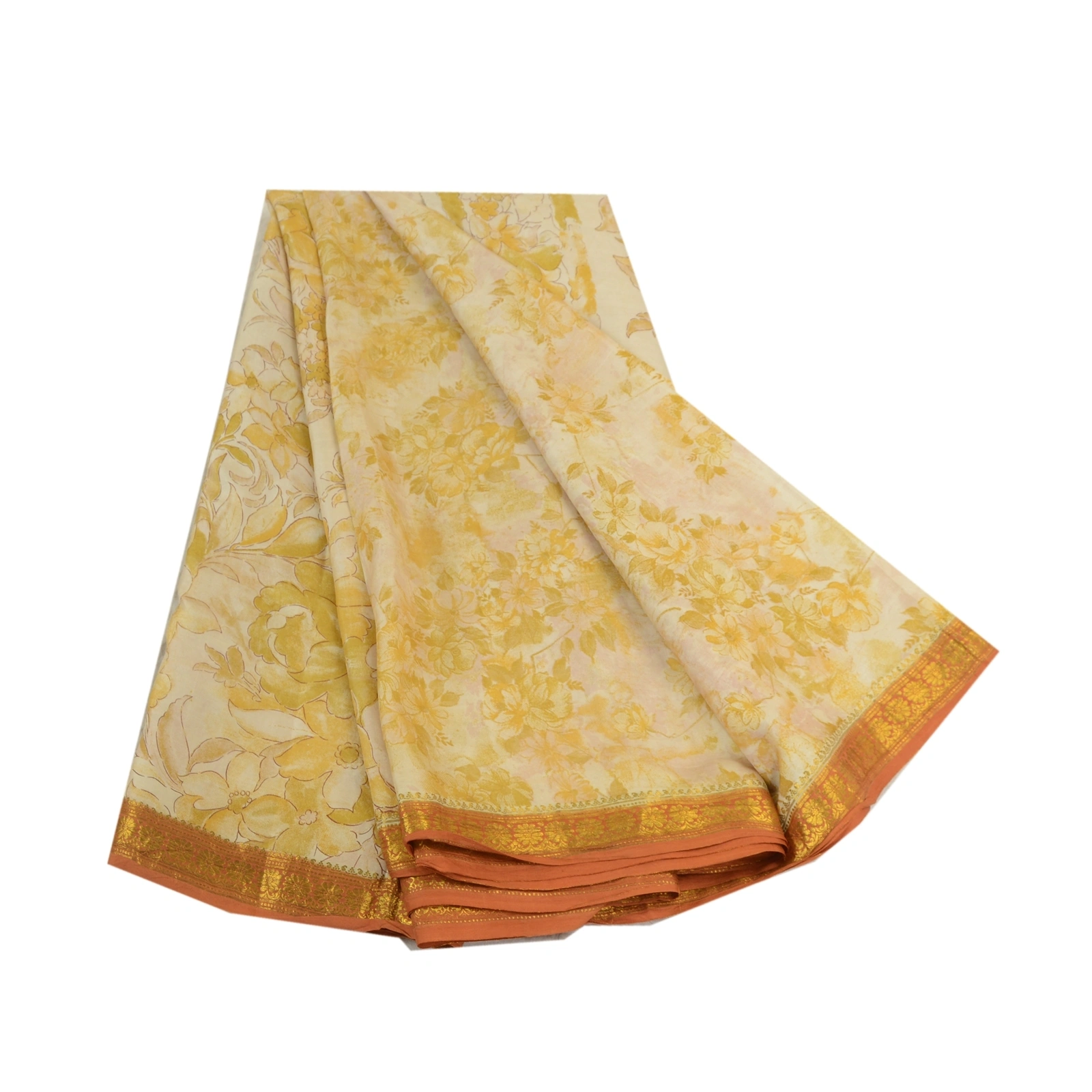 Sanskriti Vintage Sarees Ivory &amp; Yellow Zari Border Pure Silk Print Sari Fabric, PR-64584-Ivory &amp; Yellow-Pure Silk-11