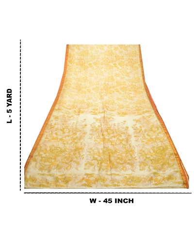 Sanskriti Vintage Sarees Ivory &amp; Yellow Zari Border Pure Silk Print Sari Fabric, PR-64584-Ivory &amp; Yellow-Pure Silk-13