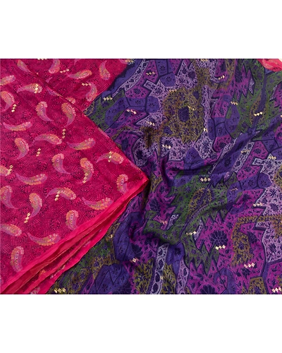 Sanskriti Vintage Sarees Pink &amp; Blue Pure Silk Printed Woven Sari Craft Fabric, PR-64587-Pink &amp; Blue-Pure Silk-3