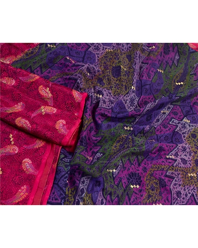 Sanskriti Vintage Sarees Pink &amp; Blue Pure Silk Printed Woven Sari Craft Fabric, PR-64587-Pink &amp; Blue-Pure Silk-4