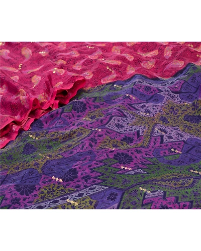Sanskriti Vintage Sarees Pink &amp; Blue Pure Silk Printed Woven Sari Craft Fabric, PR-64587-Pink &amp; Blue-Pure Silk-5