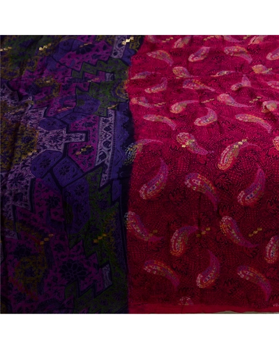 Sanskriti Vintage Sarees Pink &amp; Blue Pure Silk Printed Woven Sari Craft Fabric, PR-64587-Pink &amp; Blue-Pure Silk-6