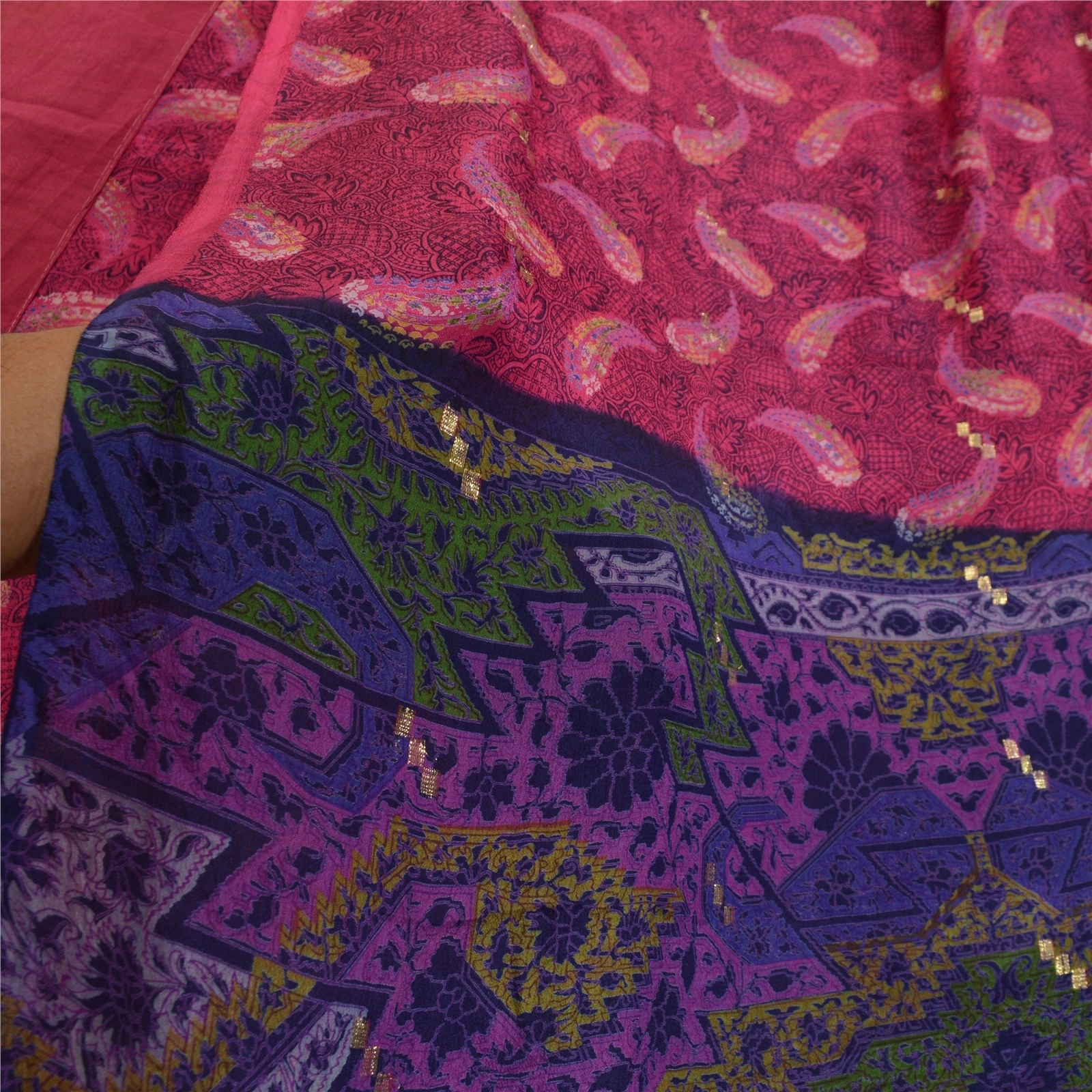 Sanskriti Vintage Sarees Pink &amp; Blue Pure Silk Printed Woven Sari Craft Fabric, PR-64587-Pink &amp; Blue-Pure Silk-8