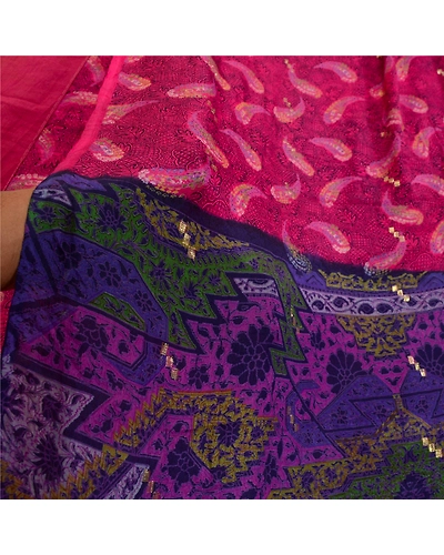 Sanskriti Vintage Sarees Pink &amp; Blue Pure Silk Printed Woven Sari Craft Fabric, PR-64587-Pink &amp; Blue-Pure Silk-8