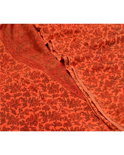 Sanskriti Vintage Sarees From India Saffron Pure Silk Printed Sari Craft Fabric, PR-64598-Saffron-Pure Silk-1