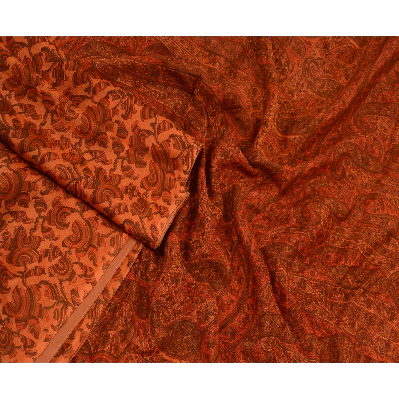 Sanskriti Vintage Sarees From India Saffron Pure Silk Printed Sari Craft Fabric, PR-64598-Saffron-Pure Silk-4