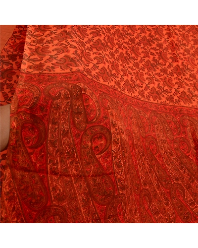 Sanskriti Vintage Sarees From India Saffron Pure Silk Printed Sari Craft Fabric, PR-64598-Saffron-Pure Silk-7
