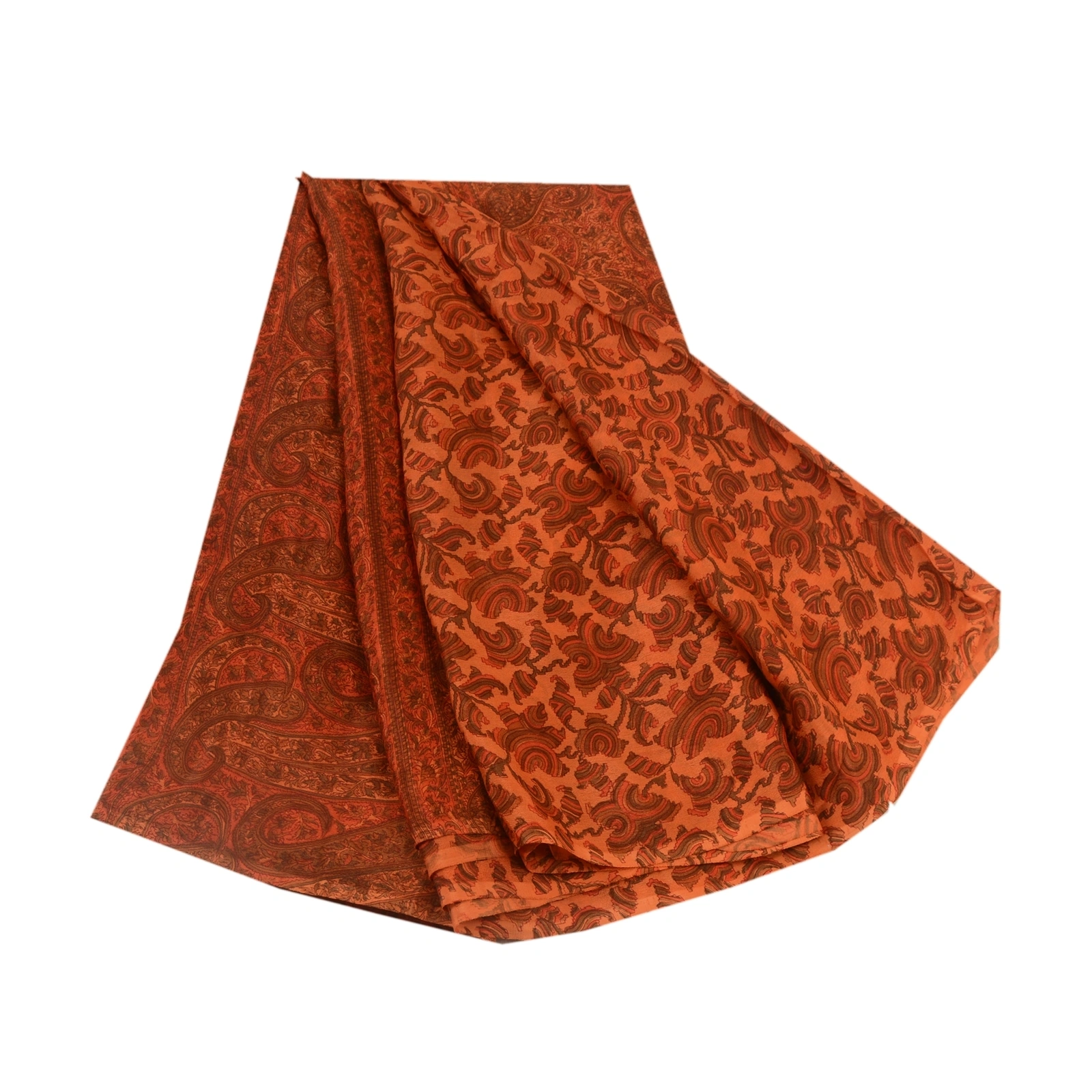 Sanskriti Vintage Sarees From India Saffron Pure Silk Printed Sari Craft Fabric, PR-64598-Saffron-Pure Silk-9