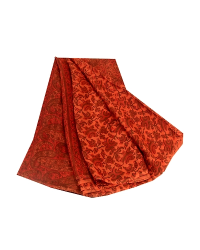 Sanskriti Vintage Sarees From India Saffron Pure Silk Printed Sari Craft Fabric, PR-64598-Saffron-Pure Silk-9