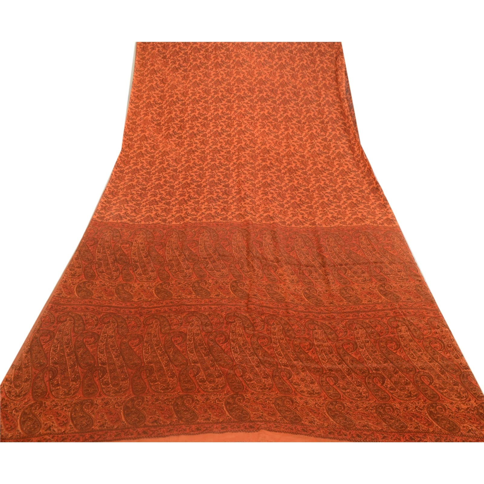 Sanskriti Vintage Sarees From India Saffron Pure Silk Printed Sari Craft Fabric, PR-64598-Saffron-Pure Silk-10