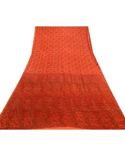 Sanskriti Vintage Sarees From India Saffron Pure Silk Printed Sari Craft Fabric, PR-64598-Saffron-Pure Silk-10