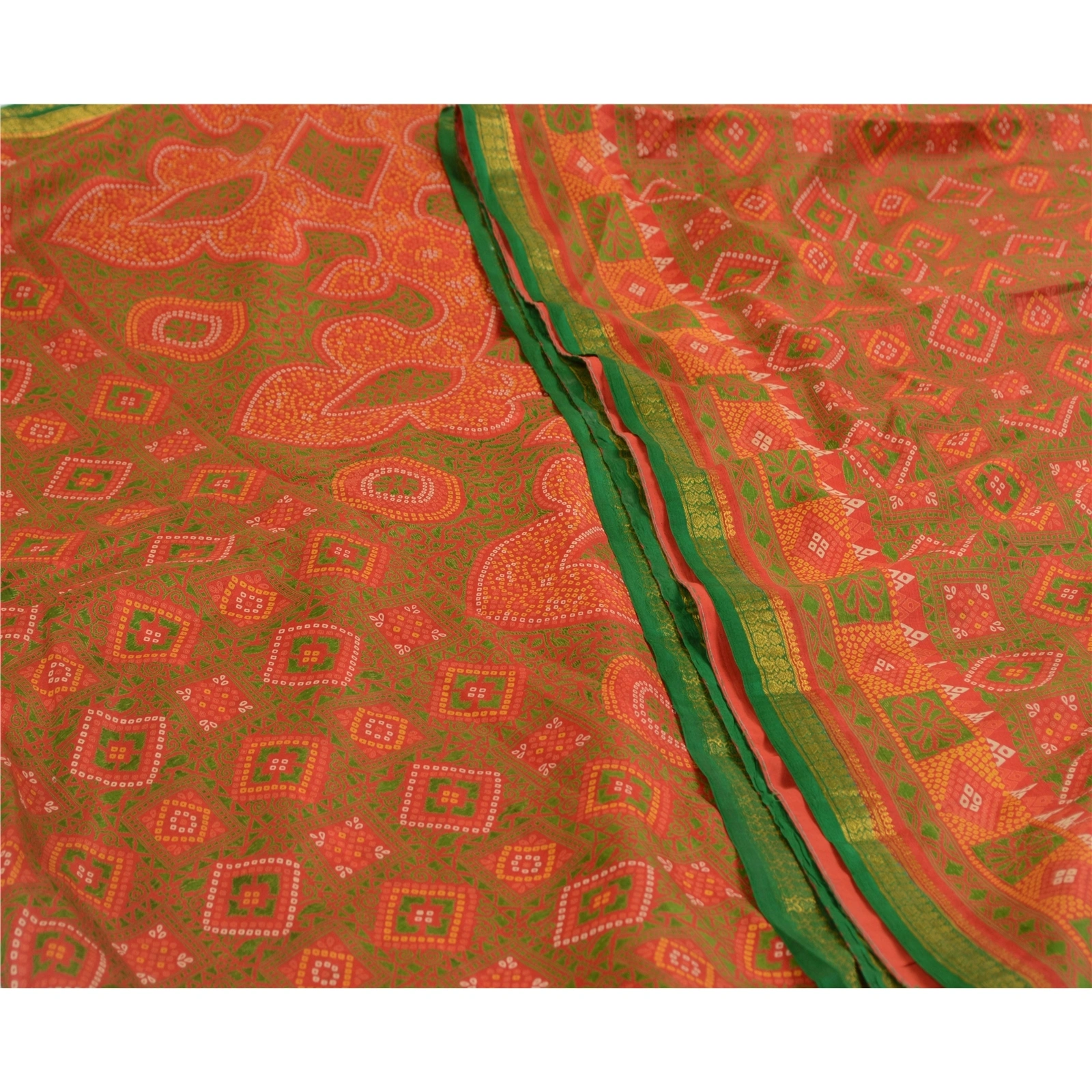 Sanskriti Vintage Sarees Red Bandhani Printed 100% Pure Silk Sari Craft Fabric, PR-64607-Red-Pure Silk-1