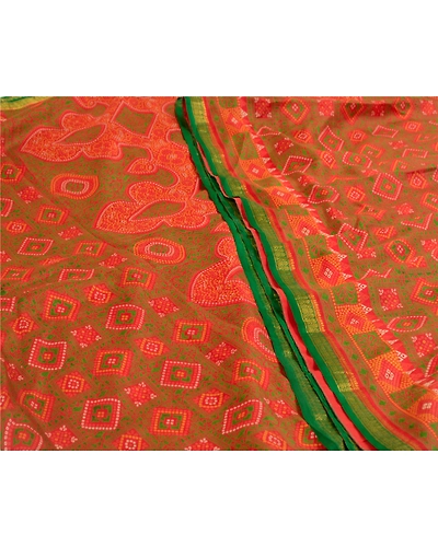 Sanskriti Vintage Sarees Red Bandhani Printed 100% Pure Silk Sari Craft Fabric, PR-64607-Red-Pure Silk-1