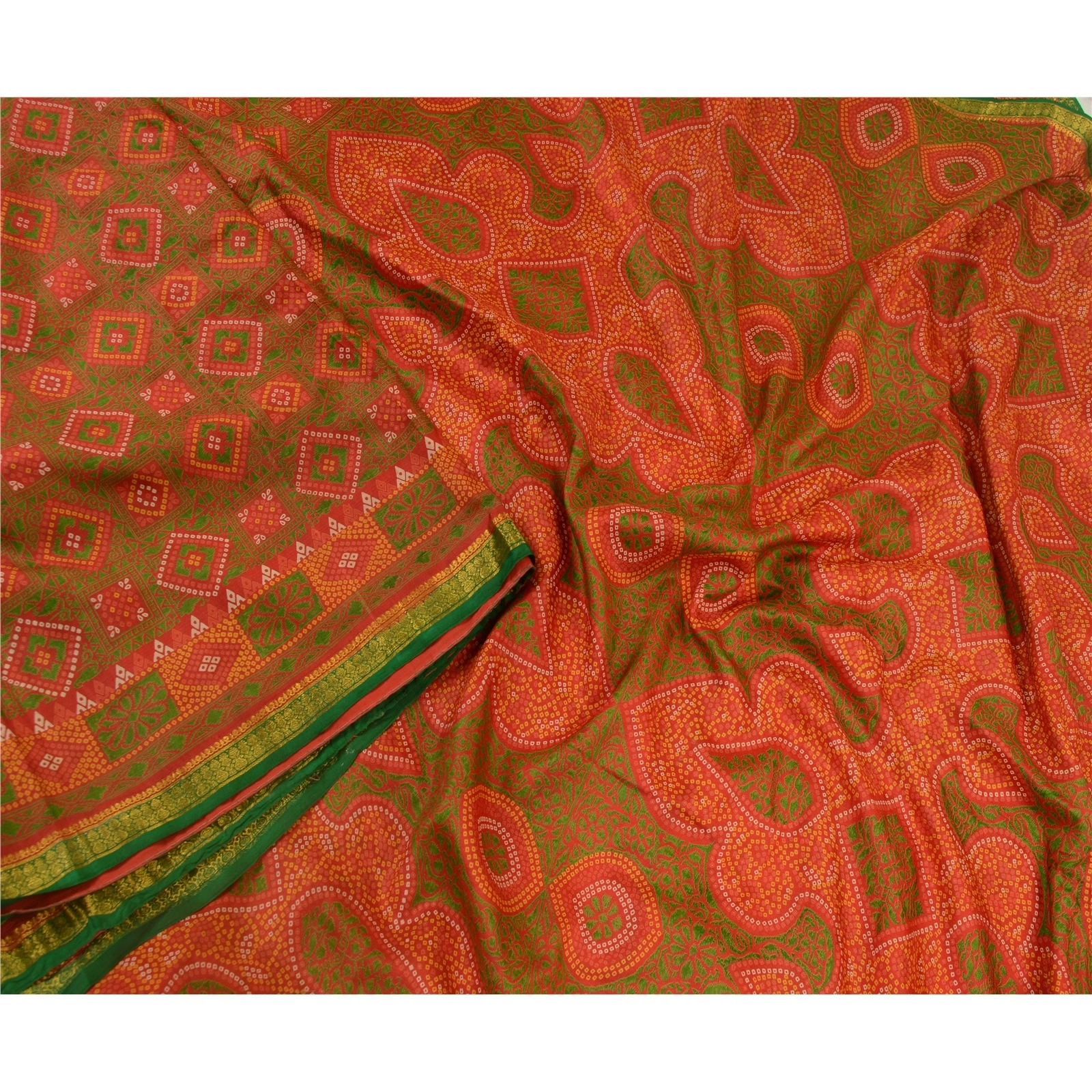 Sanskriti Vintage Sarees Red Bandhani Printed 100% Pure Silk Sari Craft Fabric, PR-64607-Red-Pure Silk-3