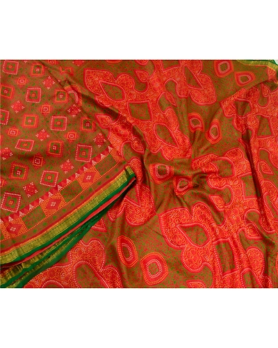 Sanskriti Vintage Sarees Red Bandhani Printed 100% Pure Silk Sari Craft Fabric, PR-64607-Red-Pure Silk-3