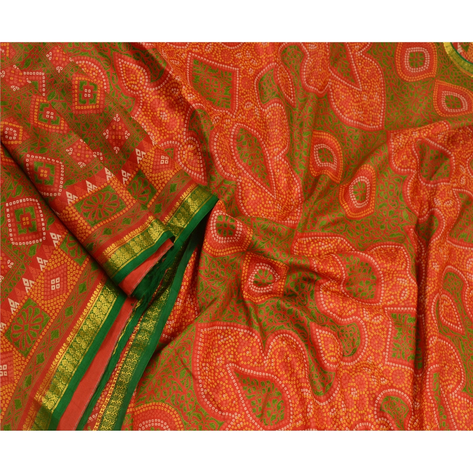 Sanskriti Vintage Sarees Red Bandhani Printed 100% Pure Silk Sari Craft Fabric, PR-64607-Red-Pure Silk-4