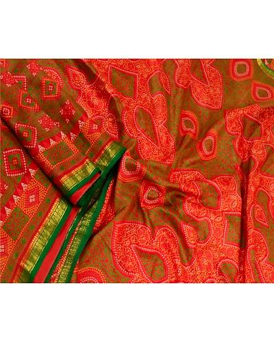 Sanskriti Vintage Sarees Red Bandhani Printed 100% Pure Silk Sari Craft Fabric, PR-64607-Red-Pure Silk-4