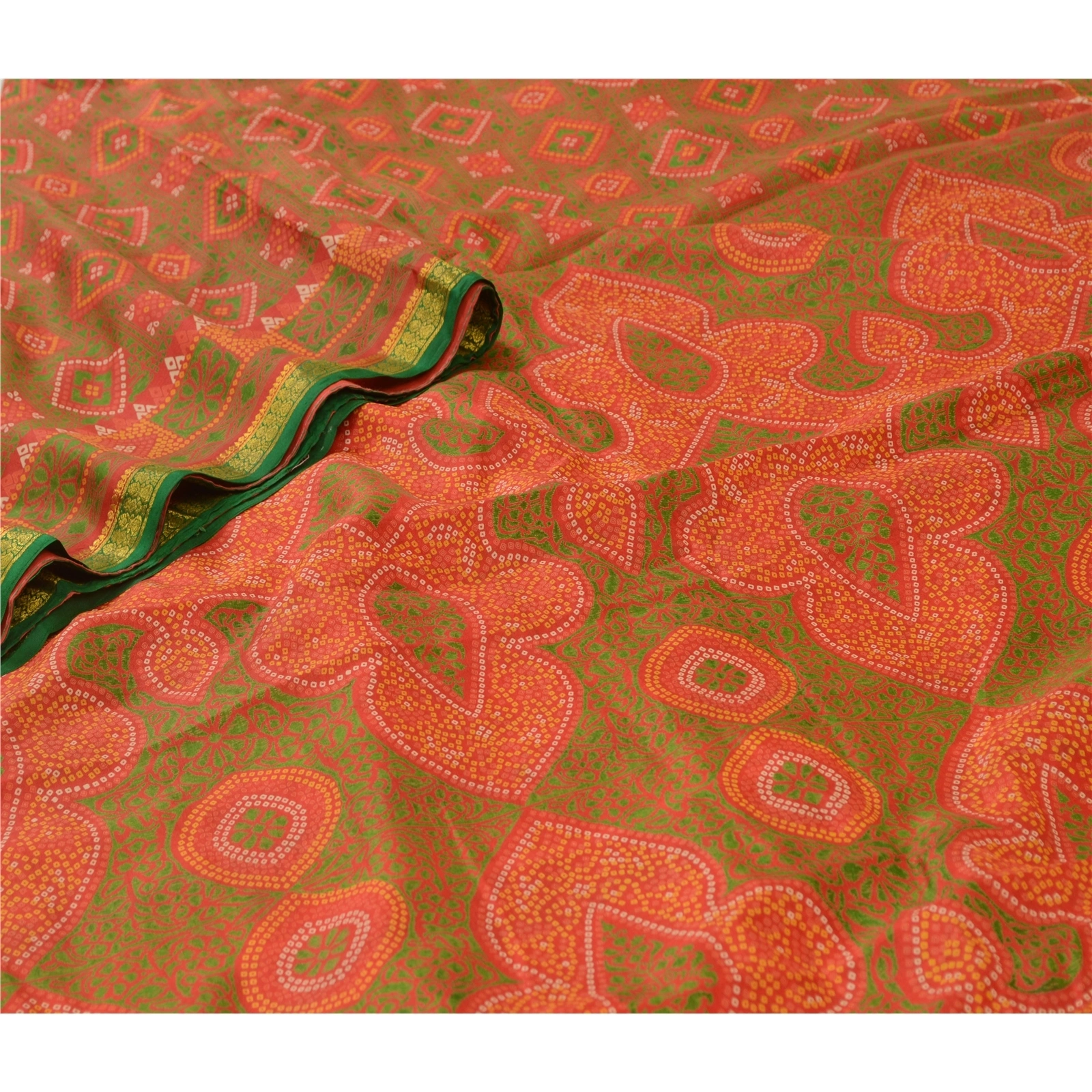 Sanskriti Vintage Sarees Red Bandhani Printed 100% Pure Silk Sari Craft Fabric, PR-64607-Red-Pure Silk-5