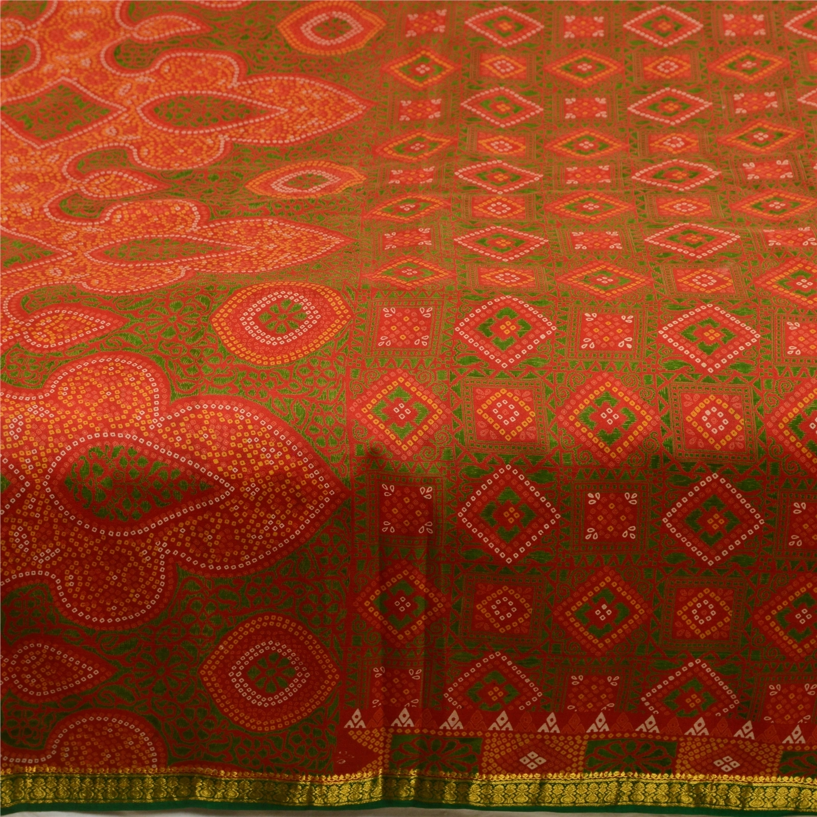 Sanskriti Vintage Sarees Red Bandhani Printed 100% Pure Silk Sari Craft Fabric, PR-64607-Red-Pure Silk-6