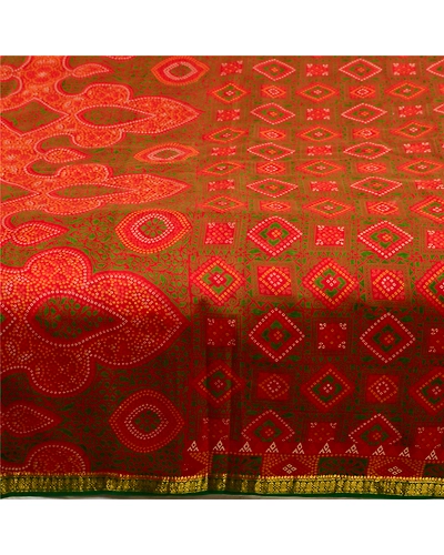 Sanskriti Vintage Sarees Red Bandhani Printed 100% Pure Silk Sari Craft Fabric, PR-64607-Red-Pure Silk-6