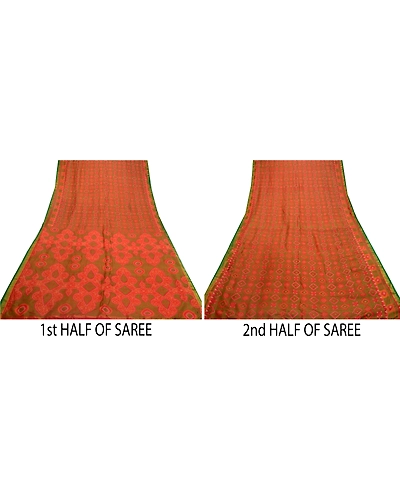 Sanskriti Vintage Sarees Red Bandhani Printed 100% Pure Silk Sari Craft Fabric, PR-64607-Red-Pure Silk-7