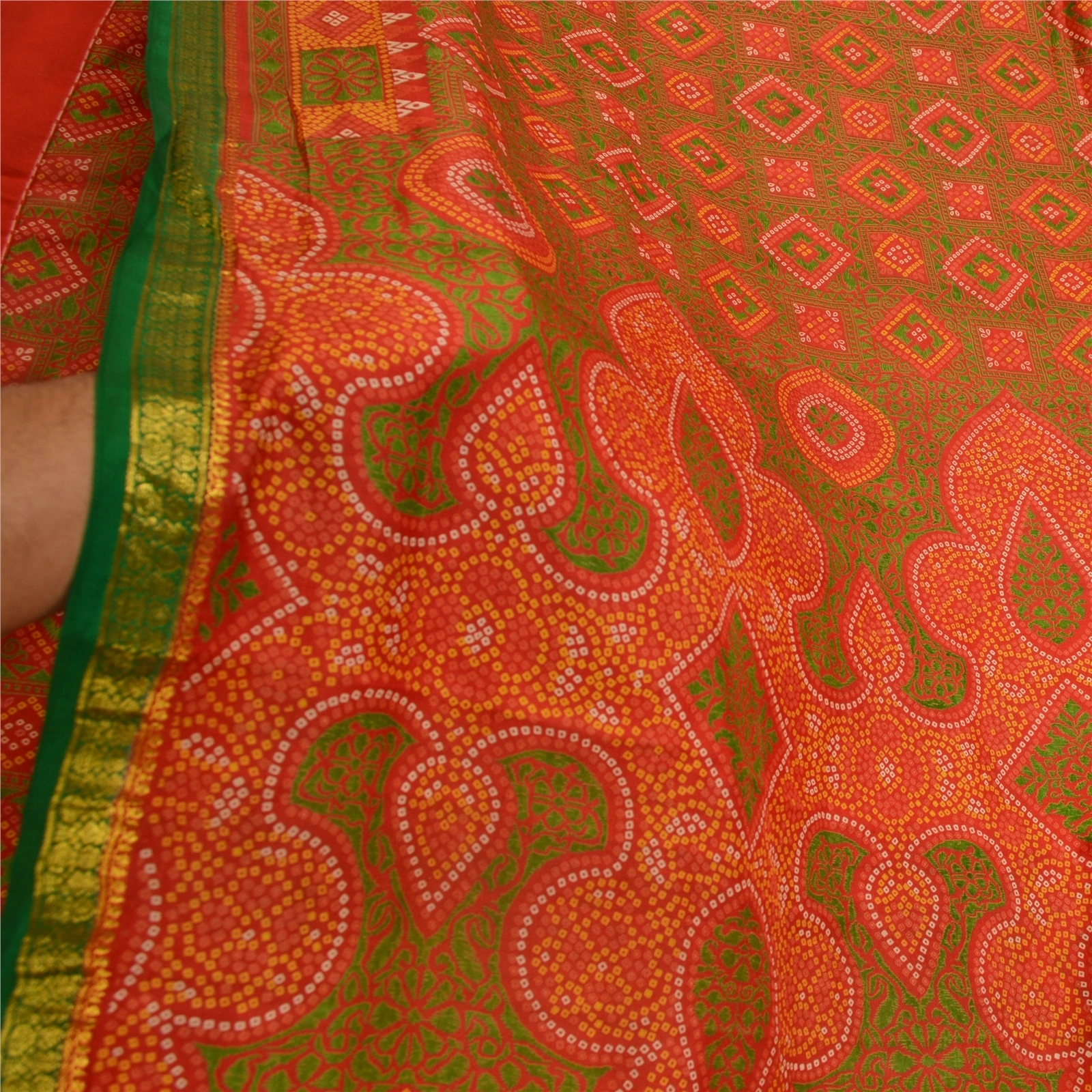 Sanskriti Vintage Sarees Red Bandhani Printed 100% Pure Silk Sari Craft Fabric, PR-64607-Red-Pure Silk-8