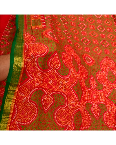 Sanskriti Vintage Sarees Red Bandhani Printed 100% Pure Silk Sari Craft Fabric, PR-64607-Red-Pure Silk-8