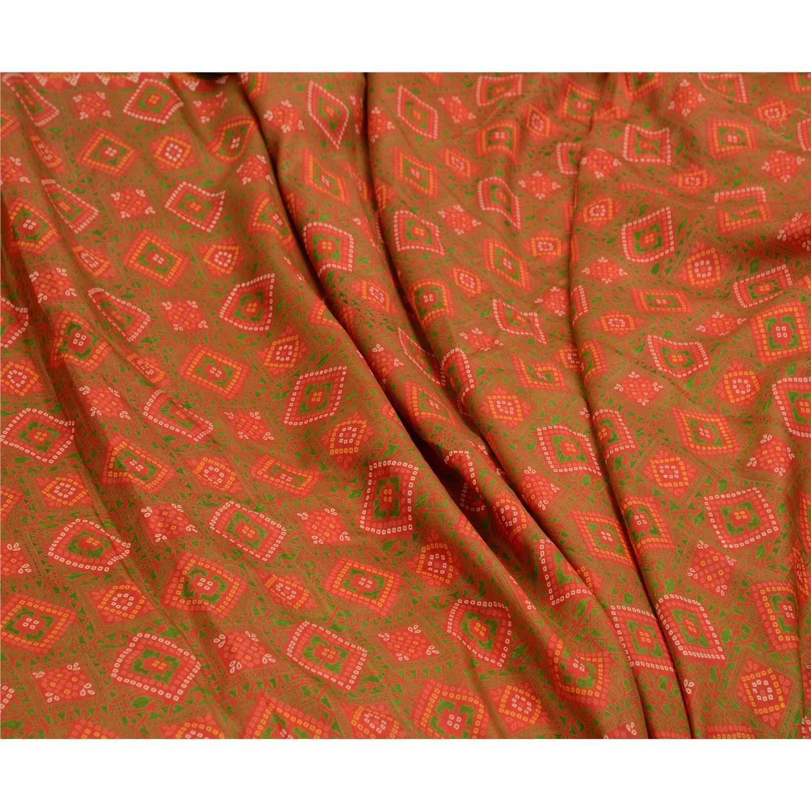 Sanskriti Vintage Sarees Red Bandhani Printed 100% Pure Silk Sari Craft Fabric, PR-64607-Red-Pure Silk-9