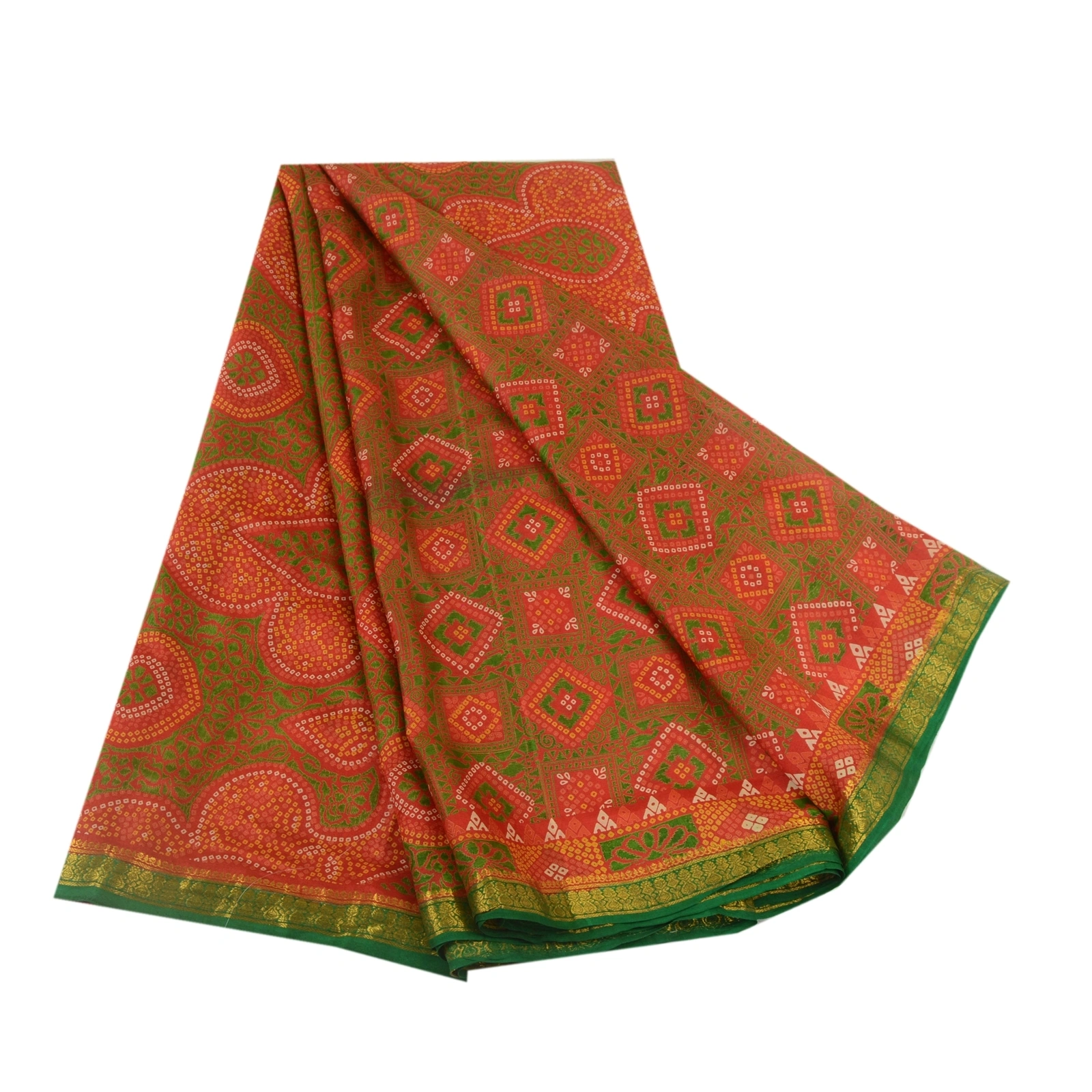 Sanskriti Vintage Sarees Red Bandhani Printed 100% Pure Silk Sari Craft Fabric, PR-64607-Red-Pure Silk-10