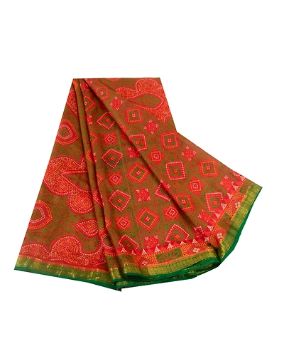 Sanskriti Vintage Sarees Red Bandhani Printed 100% Pure Silk Sari Craft Fabric, PR-64607-Red-Pure Silk-10