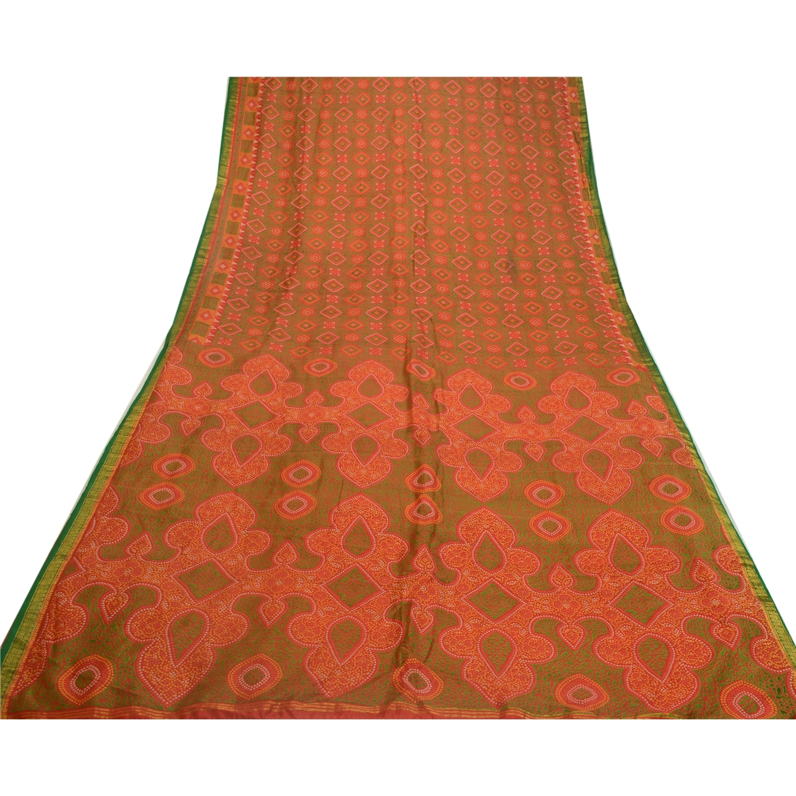 Sanskriti Vintage Sarees Red Bandhani Printed 100% Pure Silk Sari Craft Fabric, PR-64607-Red-Pure Silk-11