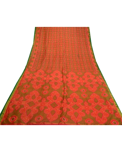Sanskriti Vintage Sarees Red Bandhani Printed 100% Pure Silk Sari Craft Fabric, PR-64607-Red-Pure Silk-11