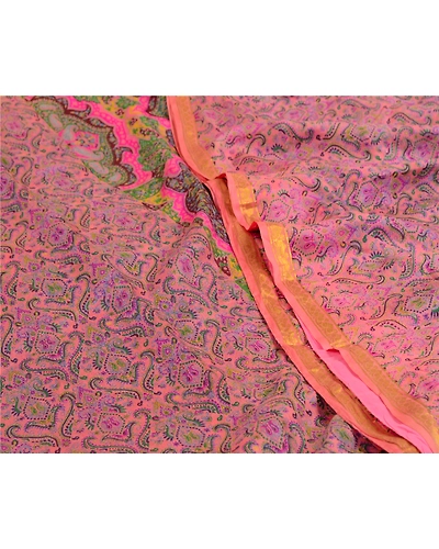 Sanskriti Vintage Sarees Pink Zari Border Pure Silk Printed Sari Craft Fabric, PR-64611-Pink-Pure Silk-1
