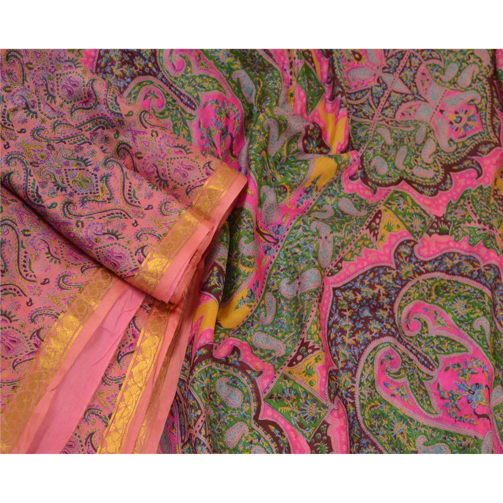 Sanskriti Vintage Sarees Pink Zari Border Pure Silk Printed Sari Craft Fabric, PR-64611-Pink-Pure Silk-4