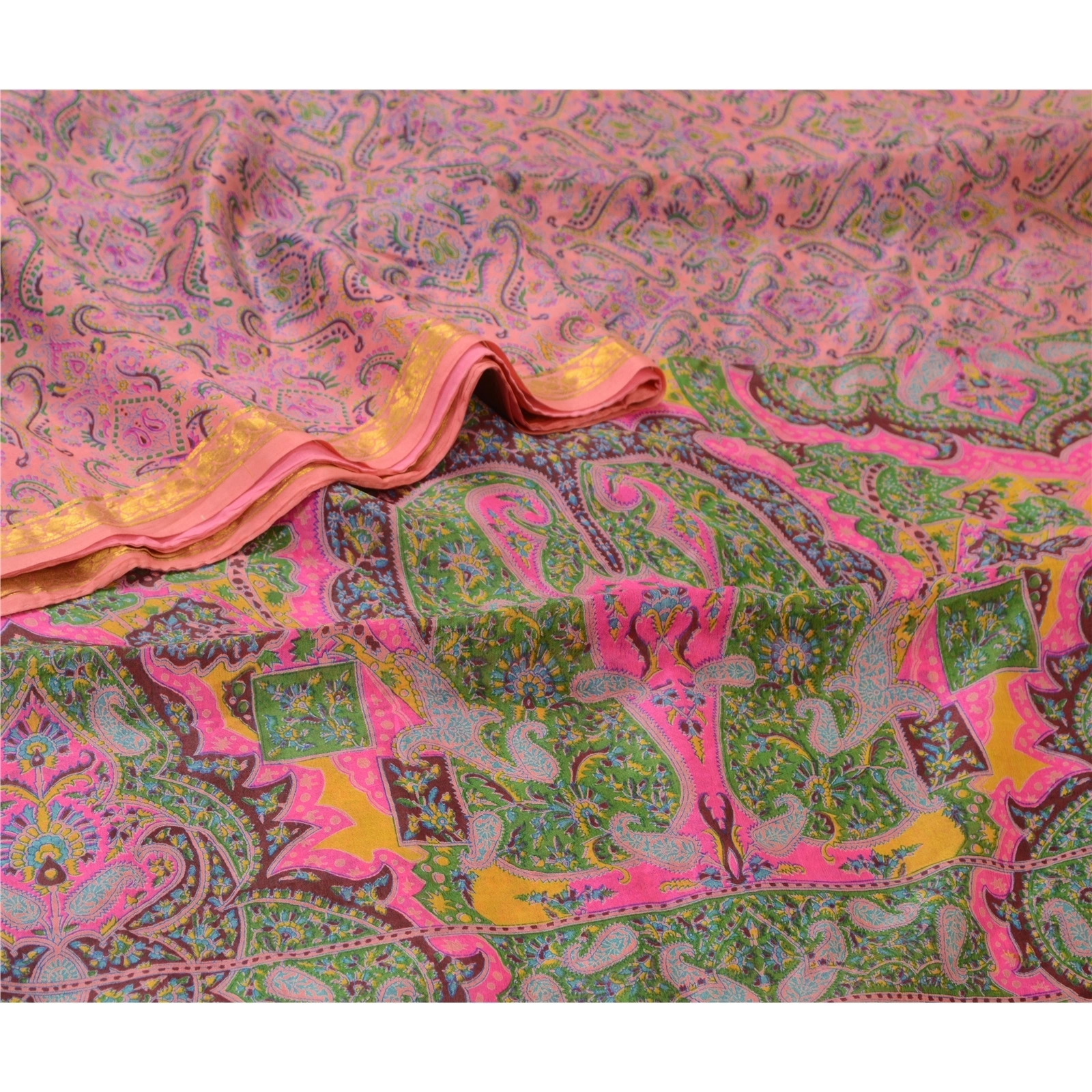 Sanskriti Vintage Sarees Pink Zari Border Pure Silk Printed Sari Craft Fabric, PR-64611-Pink-Pure Silk-5