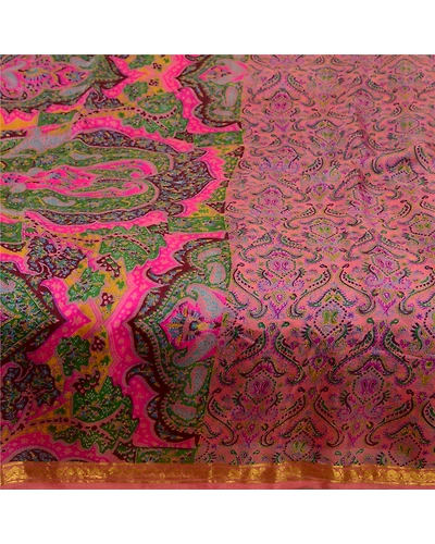 Sanskriti Vintage Sarees Pink Zari Border Pure Silk Printed Sari Craft Fabric, PR-64611-Pink-Pure Silk-6