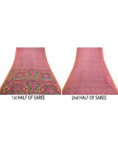 Sanskriti Vintage Sarees Pink Zari Border Pure Silk Printed Sari Craft Fabric, PR-64611-Pink-Pure Silk-7