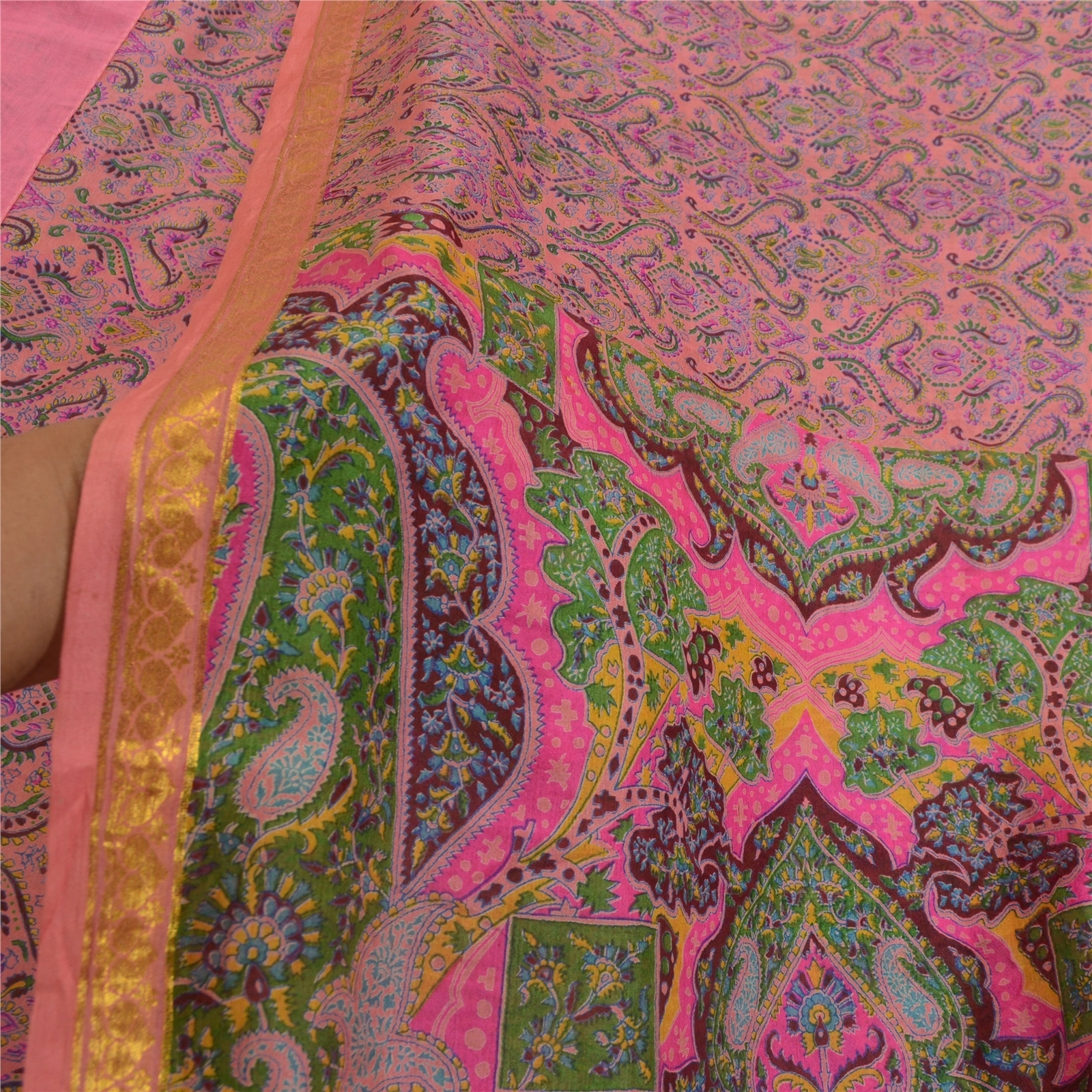 Sanskriti Vintage Sarees Pink Zari Border Pure Silk Printed Sari Craft Fabric, PR-64611-Pink-Pure Silk-8