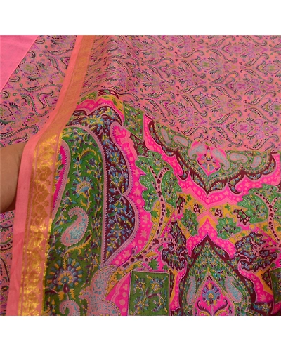Sanskriti Vintage Sarees Pink Zari Border Pure Silk Printed Sari Craft Fabric, PR-64611-Pink-Pure Silk-8