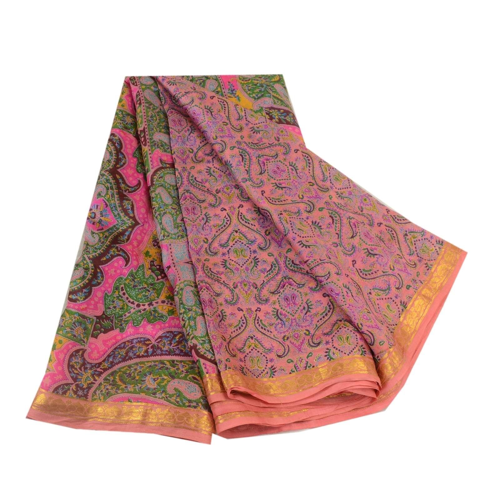 Sanskriti Vintage Sarees Pink Zari Border Pure Silk Printed Sari Craft Fabric, PR-64611-Pink-Pure Silk-10