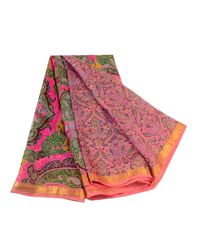Sanskriti Vintage Sarees Pink Zari Border Pure Silk Printed Sari Craft Fabric, PR-64611-Pink-Pure Silk-10
